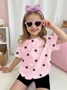 SHEIN Leap Crew Set 2 Potong Baju Pendek Lengan Pendek Kasual Sederhana untuk Anak Perempuan, Cocok untuk Musim Panas - MultiWarna - View 4