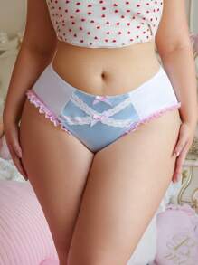 PetitDoll Plus Size Sweet & Cute Satin Contrast Color Bow Decor Lace Patchwork Ruffle Trim Briefs - Baby Blue - View 4