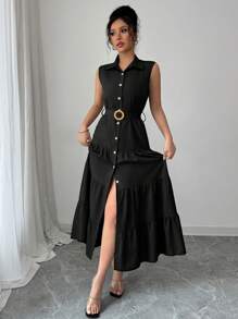 Elenzga 女士休闲通勤纯色前扣无袖连衣裙