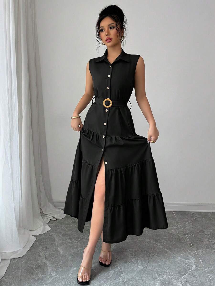 Elenzga 女士休闲通勤纯色前扣无袖连衣裙