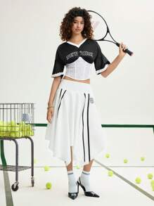 SHEIN MOD 黑白不对称下摆运动迷你裙，学院风半身裙，返校女装，休闲裙，外出裙，夏季女装，狂欢派对，乡村音乐会