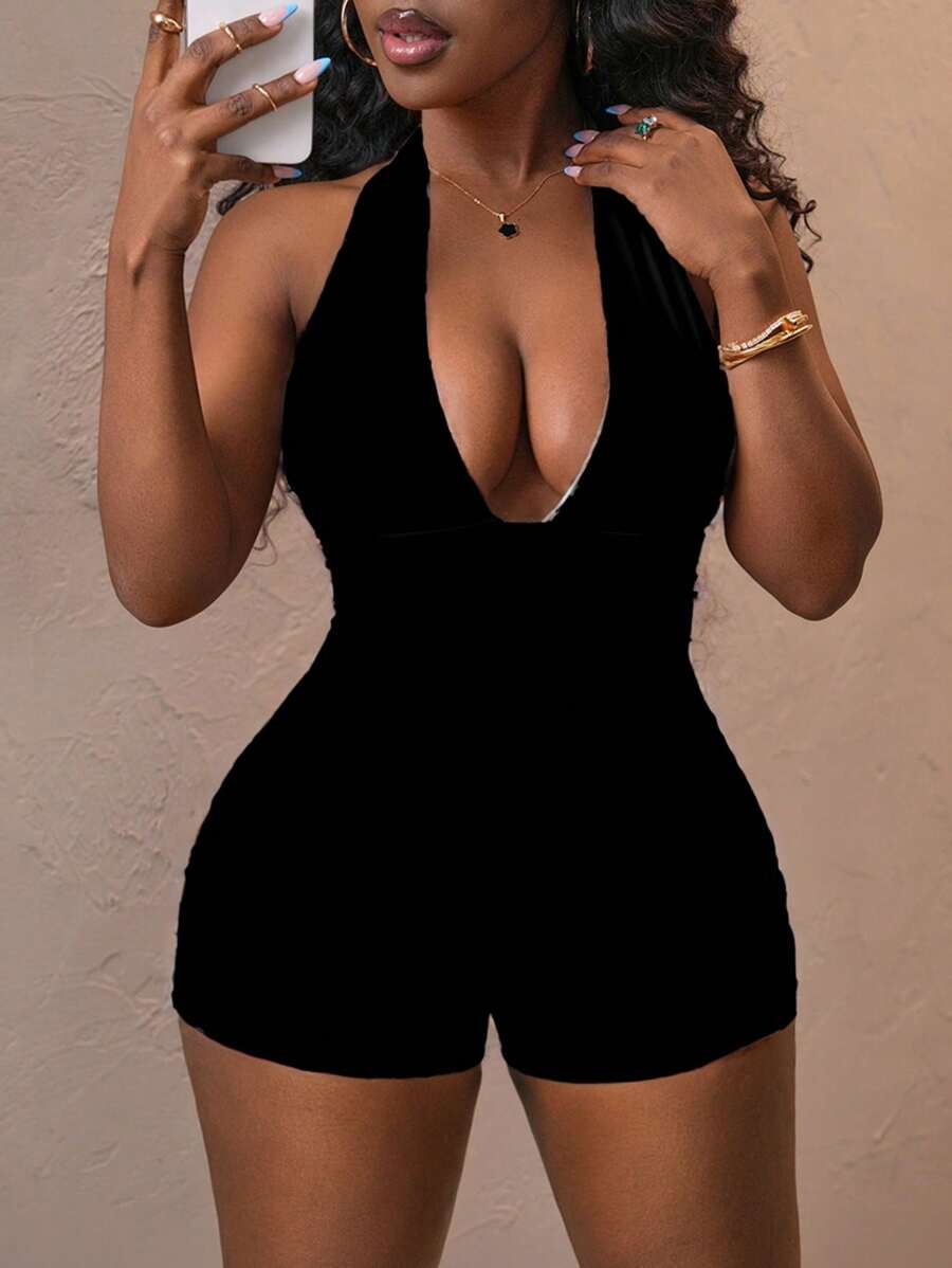 SHEIN PETITE CURVE Bộ jumpsuit hai dây hở lưng xếp ly gợi cảm dành cho nữ cỡ lớn, thích hợp mặc ngoài trời mùa hè. - màu đen - Xem 1