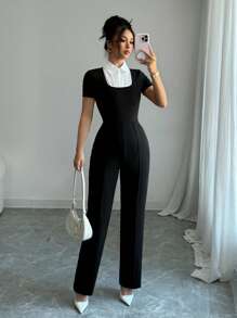 Chiquease 女式黑白拼布立领修身短袖连体裤 - 黑與白 - 查看 1