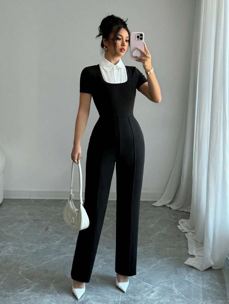 Chiquease 女式黑白拼布立领修身短袖连体裤 - 黑與白 - 查看 1