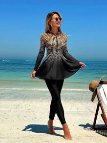 Swim Shayni 2pcs Ombre Gradient Print Zip-Front Long Sleeve Top And Pants Set, Style Abaya For Summer Beach Vacation - Brown - View 3