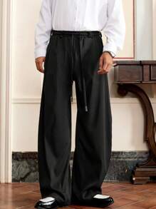 Manfinity VCAY Men's Fashion Casual Solid Color Pleated Design Loose Wide-Leg Black Pants, Suitable For Daily Wear - Black - View 3