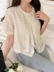 DAZY Women's Mock Layered Short Sleeve Textured Shirt, Solid Color Casual Everyday - Beige - View 8