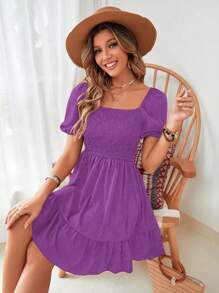 Breezaya Square Neck Shirred Ruffle Hem Dress Vacation Beach Outfits Women - Purple - View 6