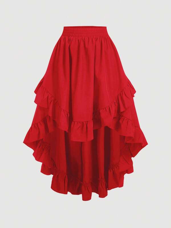 SHEIN MOD Damen Rock mit roter Rüschenkante, Retro roter geschichteter A-Linien Rock