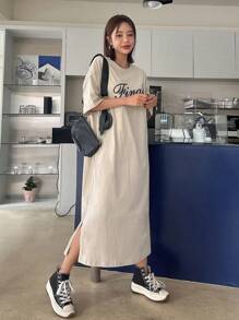 DAZY 女式字母印花落肩连衣裙太阳裙，休闲女装 - 杏色 - 查看 2