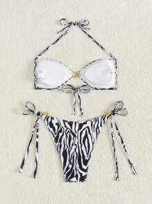 Swim Vcay 2pcs Spring Break Leopard Print Halter Top & Side Tie Bottoms Sexy Bikini Set With Random Gold Accessories For Summer Beach Vacation - Black and White - View 2