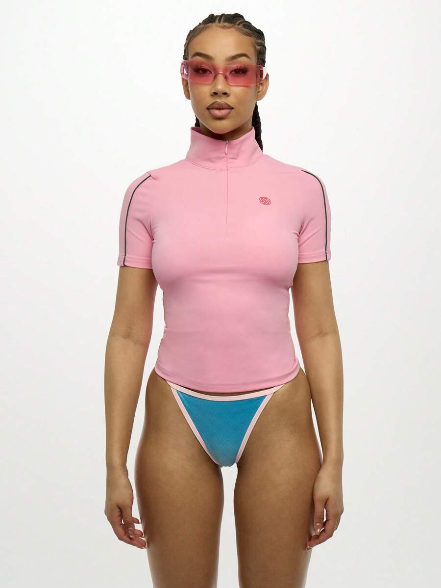 SUMWON WOMEN Half Zip Mock Neck Sporty Slim Fit Crop Top Casual Active Spring Summer Short Sleeve Polo - Pink - View 1