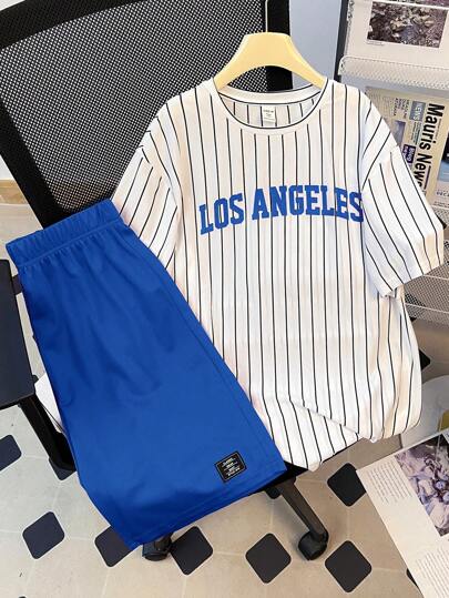 SHEIN 2pcs/Set Teen Boy Striped Letter Print Short Sleeve T-Shirt And Elastic Waist Shorts Casual Daily Outfit