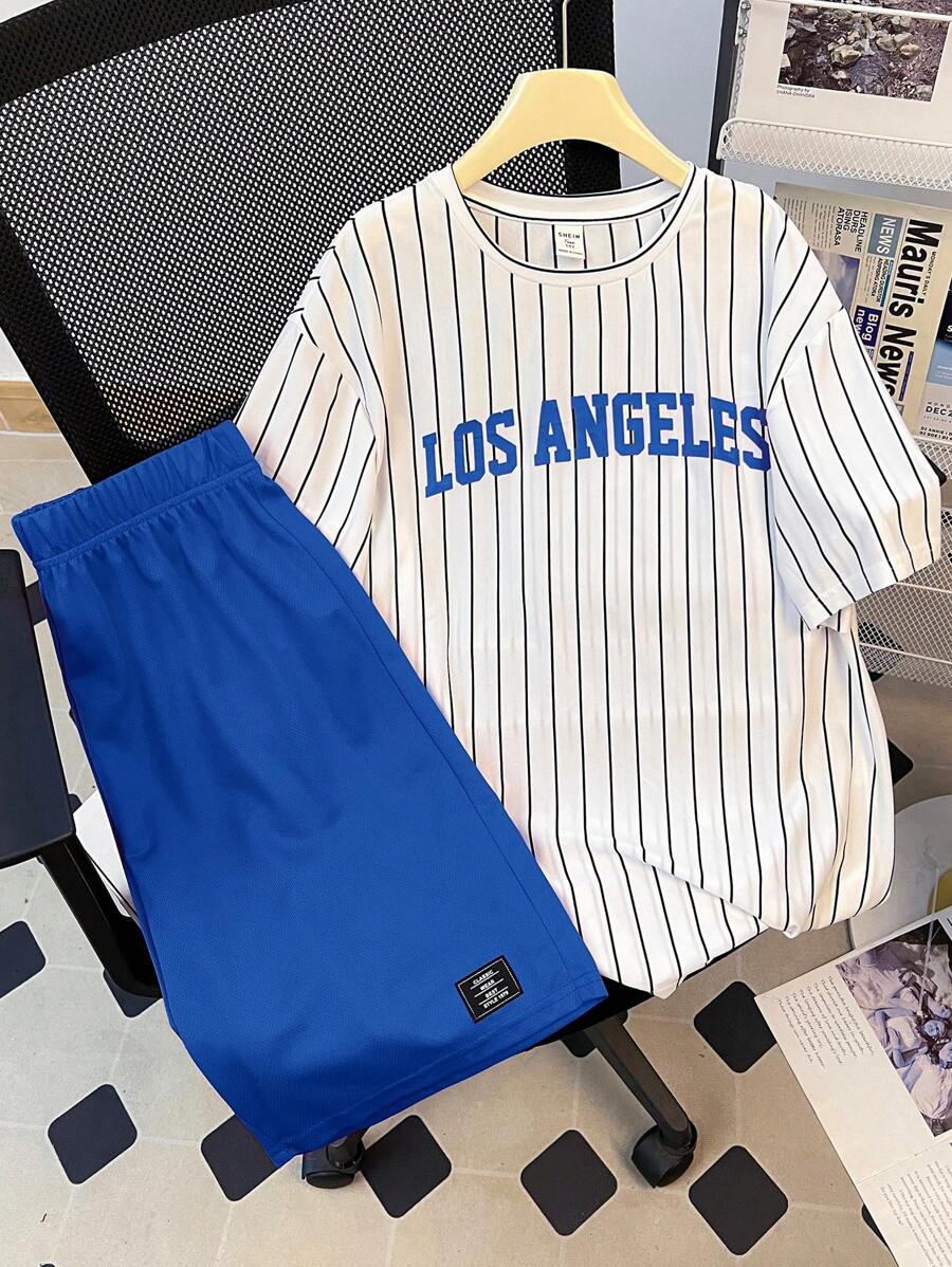 SHEIN Conjunto de camiseta de manga corta y pantalones cortos para adolescentes, ideal para el Día de San Valentín, de uso casual, deportivo, con estilo minimalista, práctico, suave y cómodo, adecuado para uso diario, escuela, viajes y deportes - azul real - Ver 1