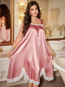 LuxeNights Plus Size Romantic Lace Trim & Satin Patchwork Nightgown Satin Night Dress, Vacation