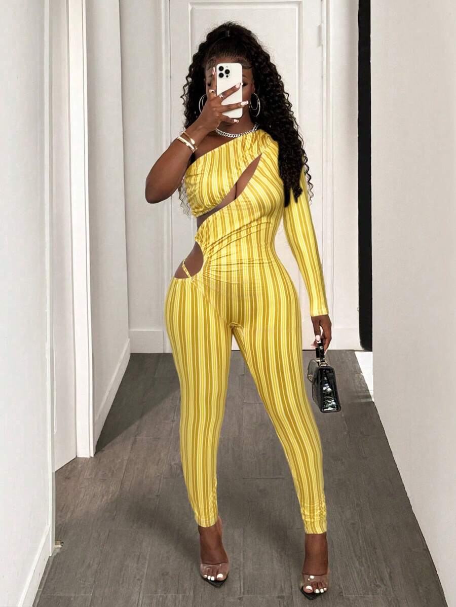 BamGleam 2025 Spring New Stripe Printed Slimming Summer Slimming Jumpsuit - Yellow - View 1