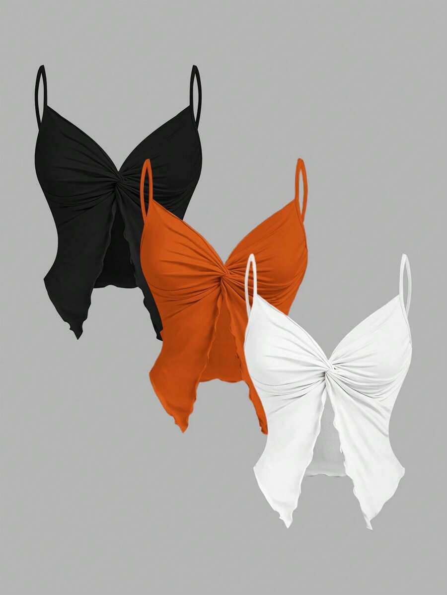 SHEIN MOD 3 Set Multicolor Women's Twist Front Crisscross Sleeveless Top,Cute Tops, - Multicolor - View 1