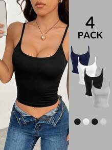 SHEIN PETITE 4pcs/Set Women's Solid Color Casual Camisole Tops