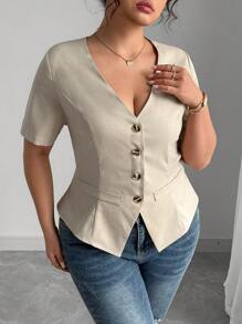 Elenzga Blusa de manga corta con cuello en V de estilo francés para mujer talla grande, de verano