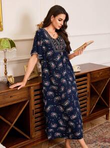 SHEIN 简约刺绣腰果和佩斯利印花柔软舒适编织中长款女士休闲睡袍，Moo Moo - 藏蓝色 - 查看 4