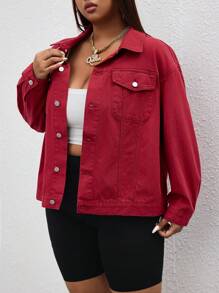 SHEIN ICON 加大码宽松纯色纽扣长袖红色牛仔夹克 - 紅色 - 查看 5