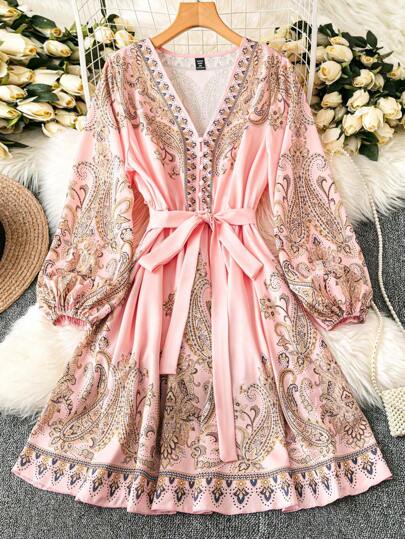 DreamSkyne Court Retro  Plus Size Women Locational Print Elegant Lantern Sleeve V-Neck Fitted Waist A-Line Dress Fall Cloth For Women