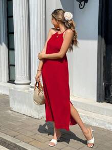 Pariaura 度假休闲现代休闲吊带裹身蝴蝶结连衣裙 - 紅色 - 查看 7