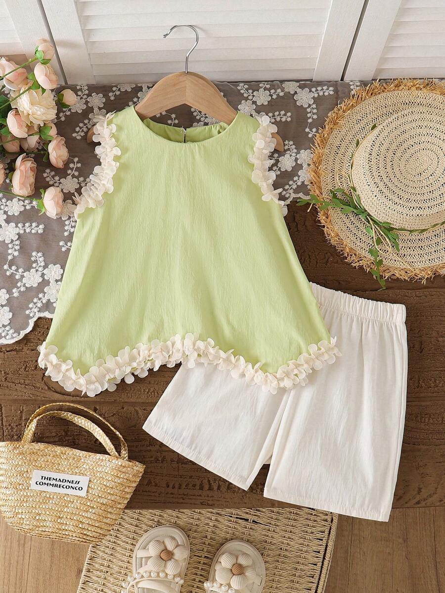 2pcs/Set Girls Casual Floral Sleeveless Top And Simple Sports Shorts, Spring/Summer Outfit - Green - View 1