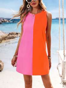 Vivid Eden Woven Color Block Round Neck Sleeveless Fitted Mini Dress For Women Spring And Summer Outfits,Summer Clothes,Valentine's Day,Vacation Outfits Woman,Beach Outfits For Woman, Festival,Romantic And Elegant Clothing,Bohemian,BOHO, Sweet, ,Rave Outfits Festival,Tropical Vacation Woman Clothes,Carnaval