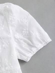 Sweetra 法式白色泡泡袖撞色蕾丝修身女式衬衫，春夏 - 白色 - 查看 4