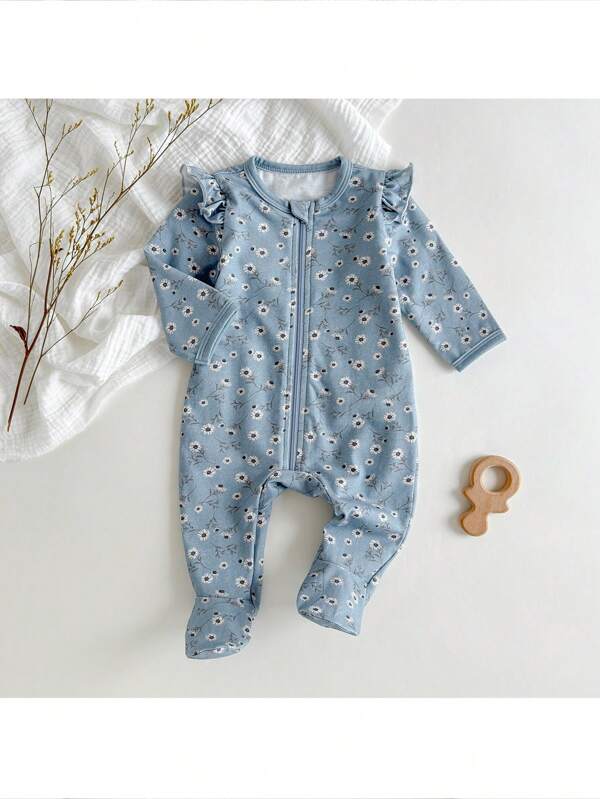Loomiva Newborn Baby Girl Floral Print Soft Knit Ruffled Collar Long Sleeve Romper Jumpsuit