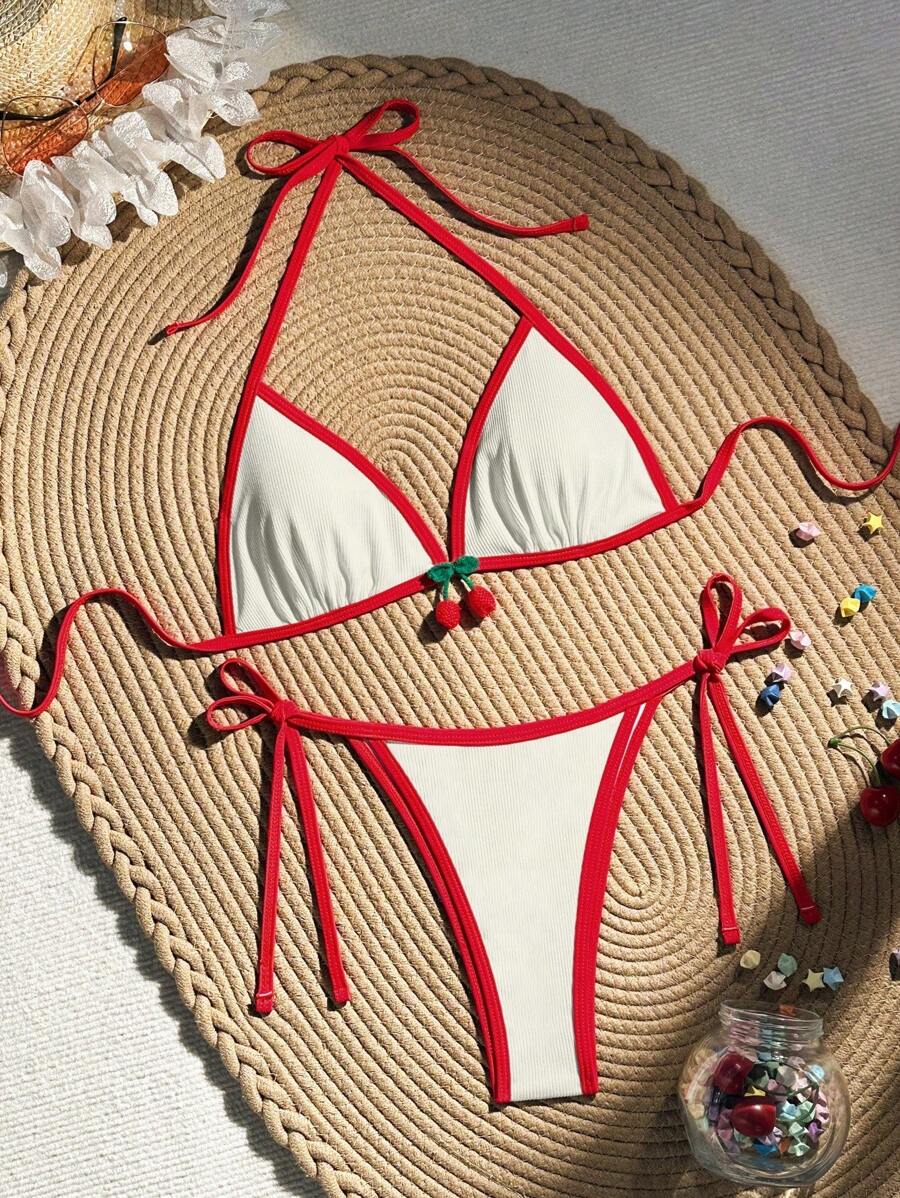 Swim Mod Women's Summer Vacation Beach Cherry Decor Halter Neck Bikini Set - Apricot - View 1