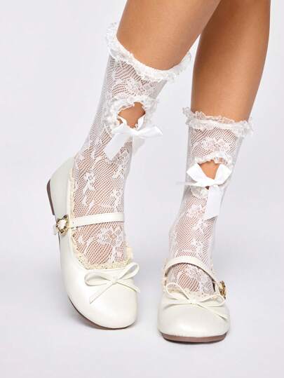 Kawaii Women's Closed Toe Mary Janes With Bow & Lace Trim, Lolita Sweet Kawaii JK School Uniform Flats