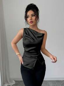 Rafferiza Women's Pleated Metal Chain Shoulder Elegant Blouse