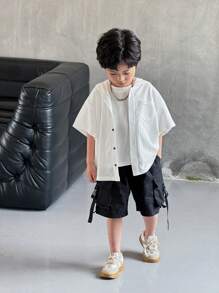 SHEIN Camicia casual con cappuccio a maniche corte in tessuto strutturato stile coreano da ragazzo, adatta per pendolarismo, scuola, abbigliamento casual quotidiano, sport, primavera/estate