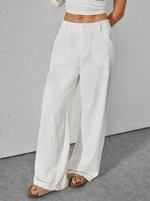 SHEIN PETITE Quần ống rộng lưng thấp màu trơn đơn giản - trắng - Xem 6