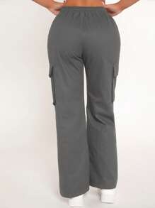 SHEIN PETITE Drawstring Waist Flap Pocket Cargo Spring Pants - Dark Grey - View 2