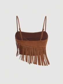 SHEIN MOD 2pcs Women Brown Suede Fringe Set, Suitable For Music Festival, Western Outfit