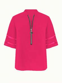 INAWLY Plus Size Women's Solid Color Half Zip Half Sleeve Loose Blouse - Hot Pink - View 3