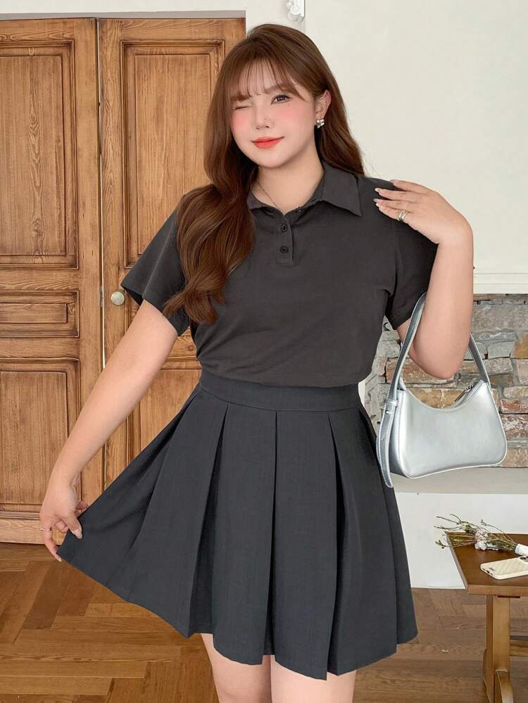 Dazy Plus 2 Pieces Set: Solid Color Polo Shirt Top And Pleated Mini Skirt Lounge Sets For Women