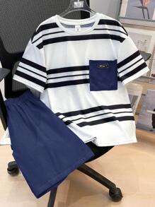 SHEIN Tween Boy Striped Short Sleeve T-Shirt And Shorts Set