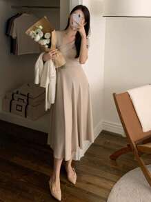 DAZY Rochie lungă pentru femei, elegantă, cu decolteu pentru slăbit