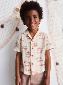 SHEIN Young Boys Fish Print Shirt And Shorts Sets - Multicolor - View 2