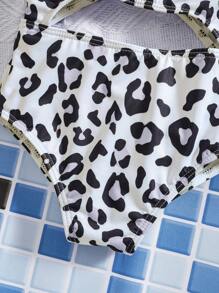 SHEIN Babygirl Summer Cute Knitted Leopard Print Hollow-Out Swimsuit - White - View 7