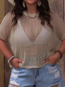 SHEIN VCAY Plus Size Women Solid Color Round Neck Batwing Short Sleeve Hollow Out Knit Top - Khaki - View 3