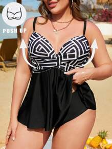 Swim Lushoire Große Größen Damen Neuer Bedruckter & einfarbiger 2 Stücke Tankini Badeanzug, verstellbare Träger, Push-Up-Unterbügel, Kreuzvorderseite, figurschmeichelnder hochgeschnittener Unterteil, elegant und modisch für Lässig Resort, Strand-Schwimmen - Verschiedenfarbig - Übersicht 1