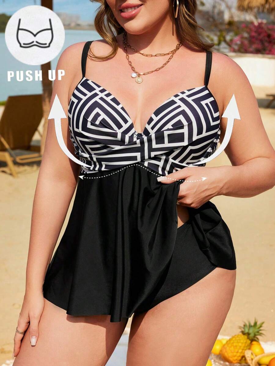 Swim Lushoire Große Größen Damen Neuer Bedruckter & einfarbiger 2 Stücke Tankini Badeanzug, verstellbare Träger, Push-Up-Unterbügel, Kreuzvorderseite, figurschmeichelnder hochgeschnittener Unterteil, elegant und modisch für Lässig Resort, Strand-Schwimmen - Verschiedenfarbig - Übersicht 1