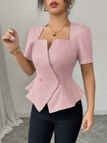 Elenzga 女式优雅心形领褶饰腰部 A 字型双纽扣短袖休闲上衣衬衫，春夏 - 粉色 - 查看 7