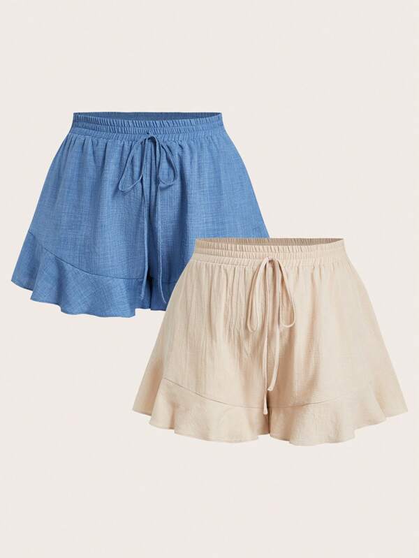 Elaquor 2 Pcs/Set Women's Plus Size Casual Woven Fabric Shorts With Ruffle Hem And Drawstring, Apricot, Short Length For Summer Comfort