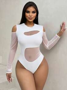 VaVaBold 女式纯色露肩长袖网眼拼布白色紧身衣，性感秋季女装 - 白色 - 查看 3